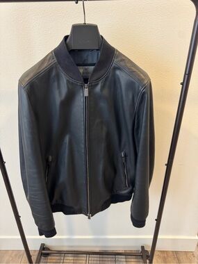 Canali Navy Leather Bomber Jacket